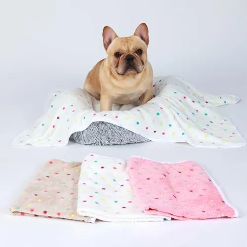 1 Pack 3 Blankets Super Soft Cute Dot Pattern Pet Blanket Flannel Throw for Dog Puppy Cat Beige/Brown/Pink Small