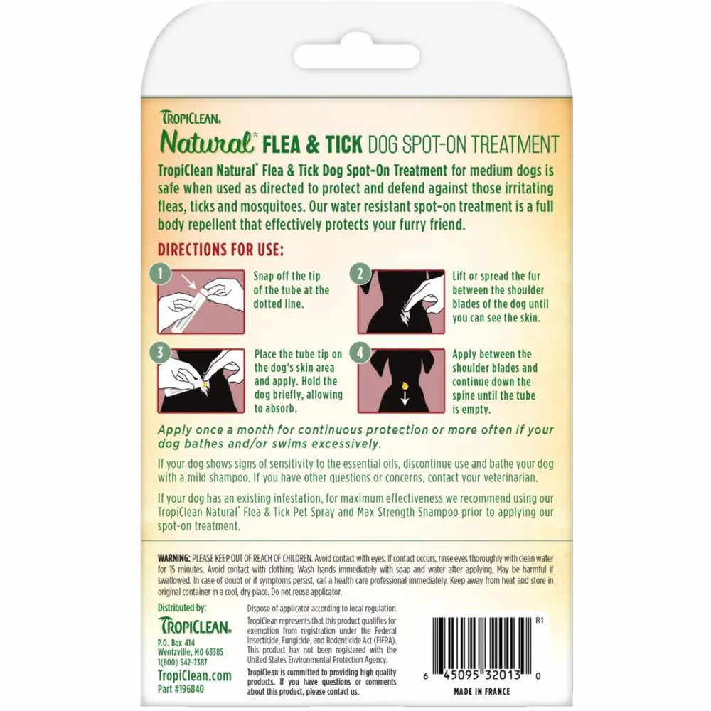 15% OFF: TropiClean Natural Flea & Tick Dog Spot-On Treatment (Medium) 4ct