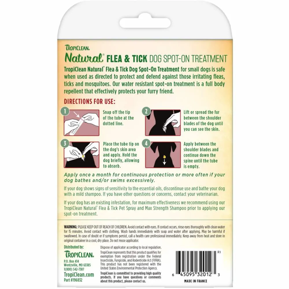 15% OFF: TropiClean Natural Flea & Tick Dog Spot-On Treatment (Small) 4ct