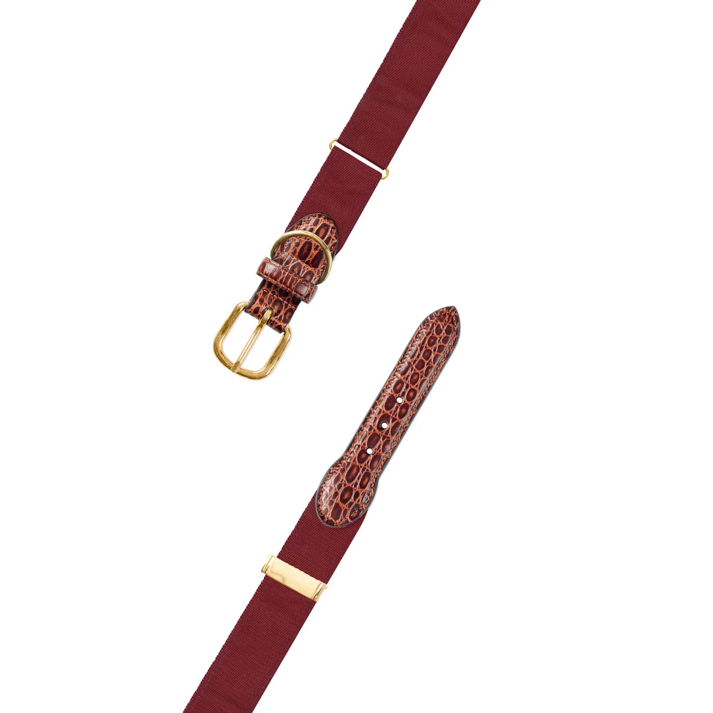 Adjustable Burgundy Grosgrain Dog Collar with Embossed Calf Tabs