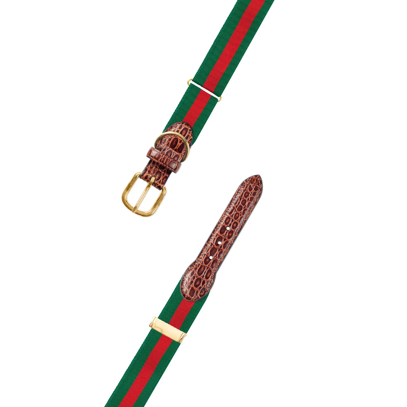 Adjustable Forest Green & Red Grosgrain Dog Collar with Embossed Calf Tabs