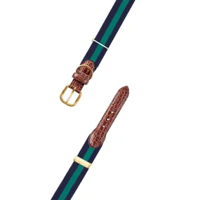 Adjustable Navy & Green Grosgrain Dog Collar with Embossed Calf Tabs