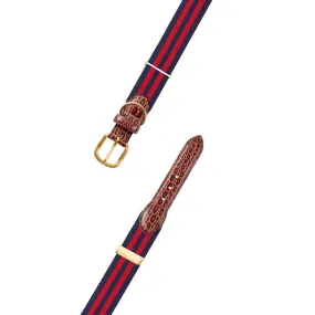 Adjustable Navy & Red Grosgrain Dog Collar with Embossed Calf Tabs