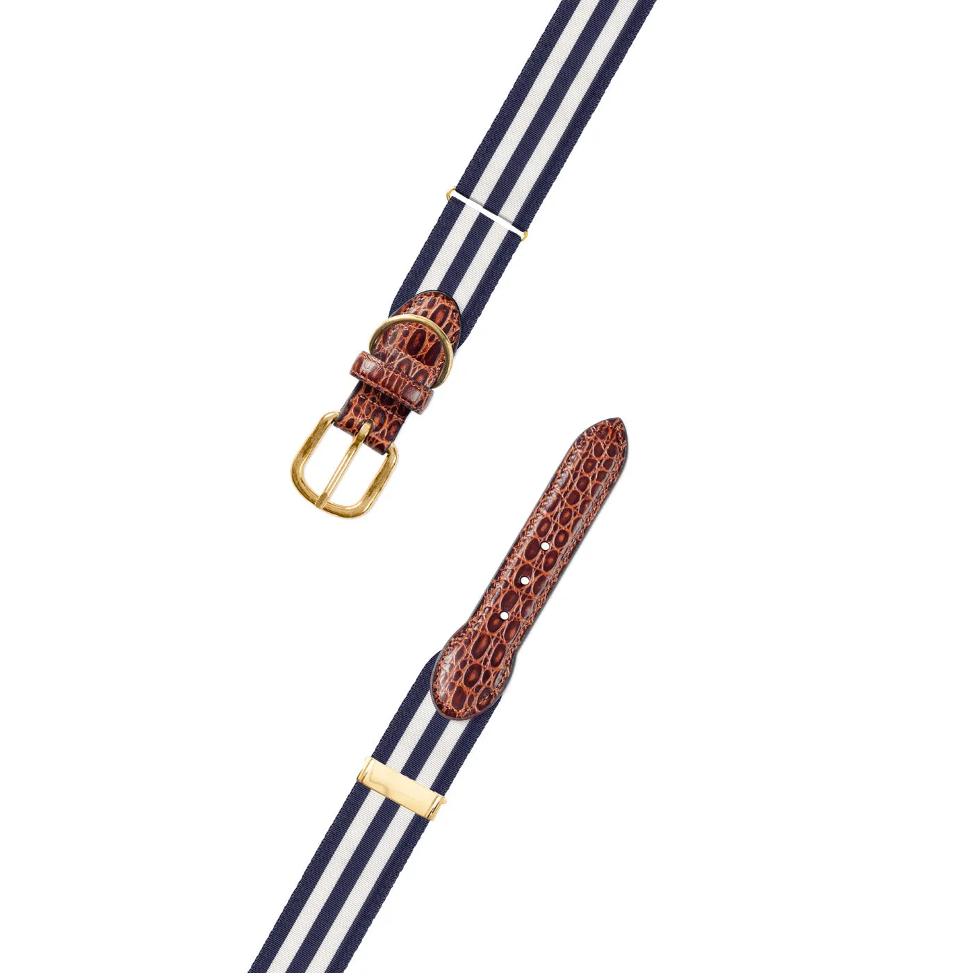 Adjustable Navy & White Grosgrain Dog Collar with Embossed Calf Tabs