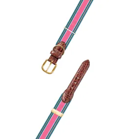 Adjustable Pink Multi Grosgrain Dog Collar with Embossed Calf Tabs