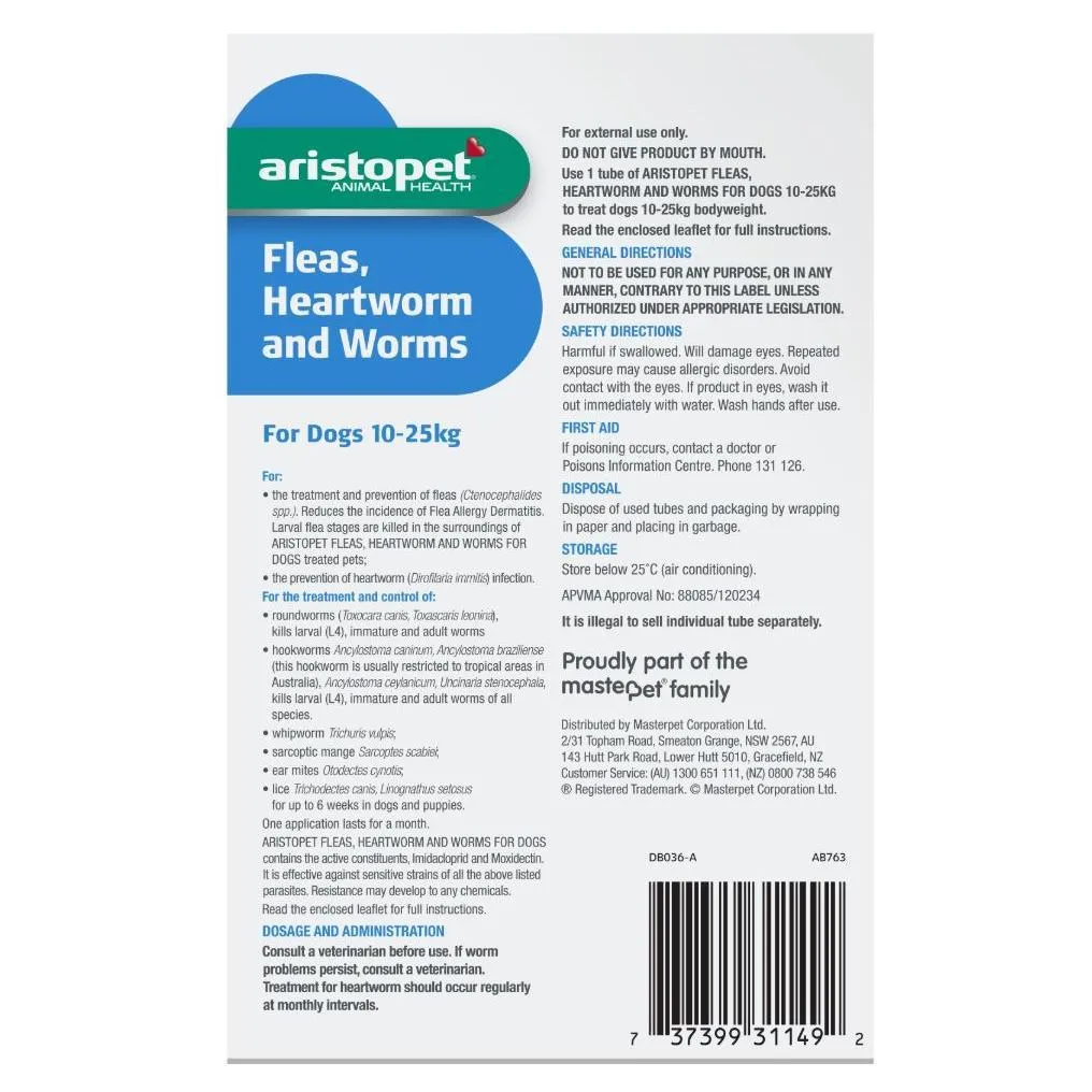 Aristopet Animal Health Fleas, Heartworm And Worms For Dogs 10-25Kg