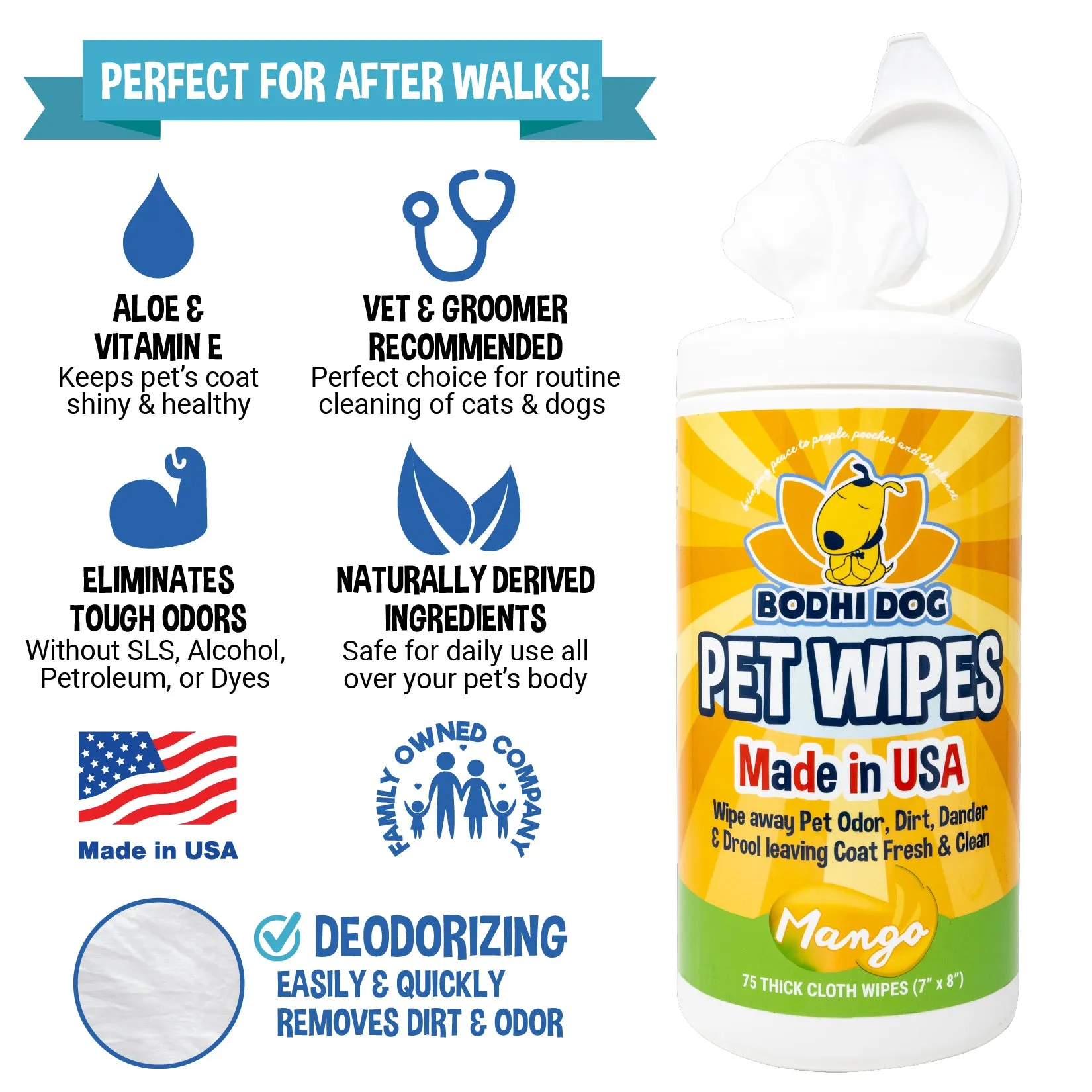 Bodhi Dog Pet Wipes | Wipes for Dog Grooming | Wipe Away Pet Odors & Deodorizes Coat | No Parabens or SLS | Large Wet & Thick Pet Wipes | Best for Cleaning Dogs and Cats | Made in USA (Mango, 75CT)