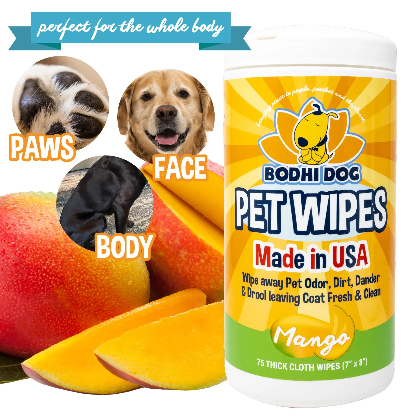 Bodhi Dog Pet Wipes | Wipes for Dog Grooming | Wipe Away Pet Odors & Deodorizes Coat | No Parabens or SLS | Large Wet & Thick Pet Wipes | Best for Cleaning Dogs and Cats | Made in USA (Mango, 75CT)