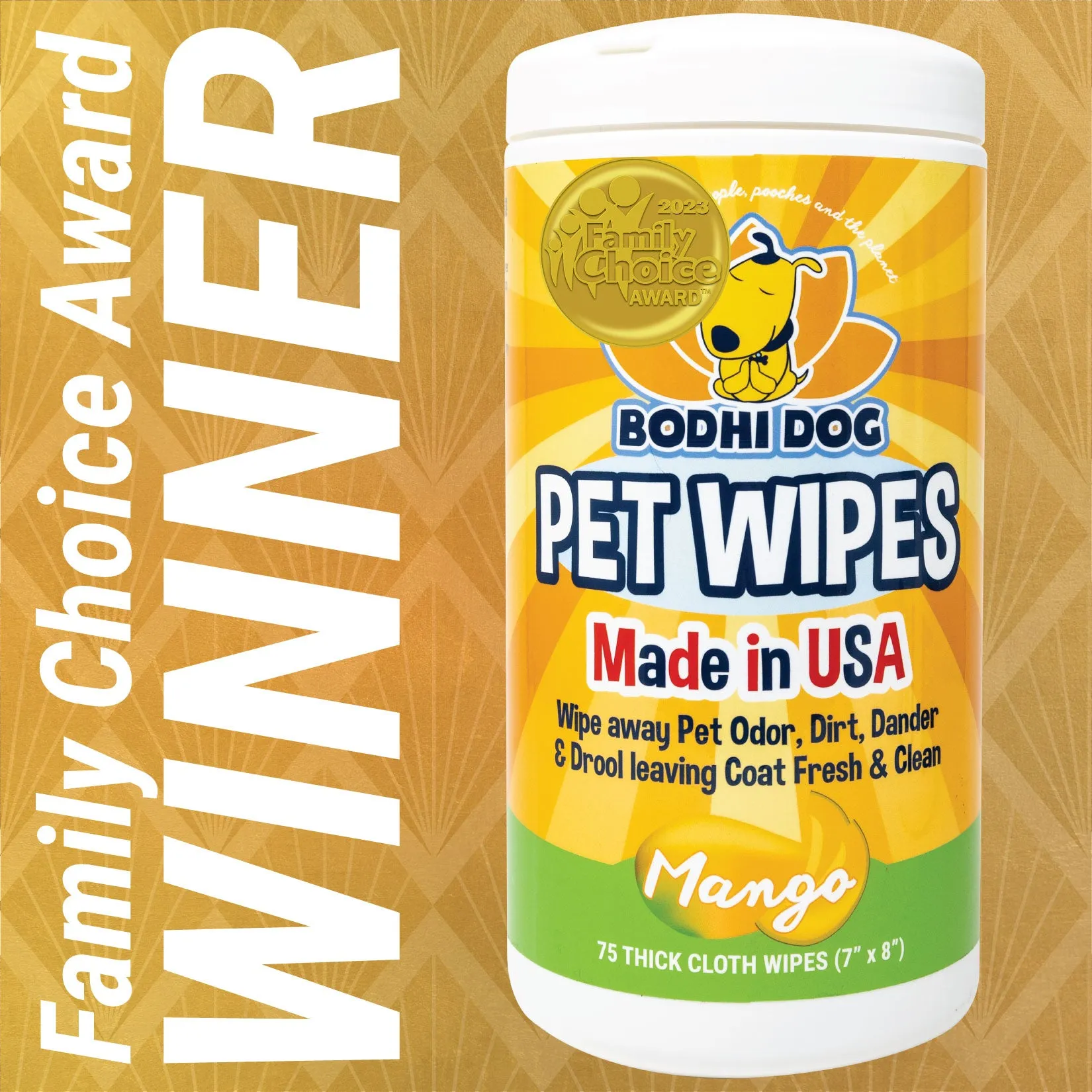 Bodhi Dog Pet Wipes | Wipes for Dog Grooming | Wipe Away Pet Odors & Deodorizes Coat | No Parabens or SLS | Large Wet & Thick Pet Wipes | Best for Cleaning Dogs and Cats | Made in USA (Mango, 75CT)