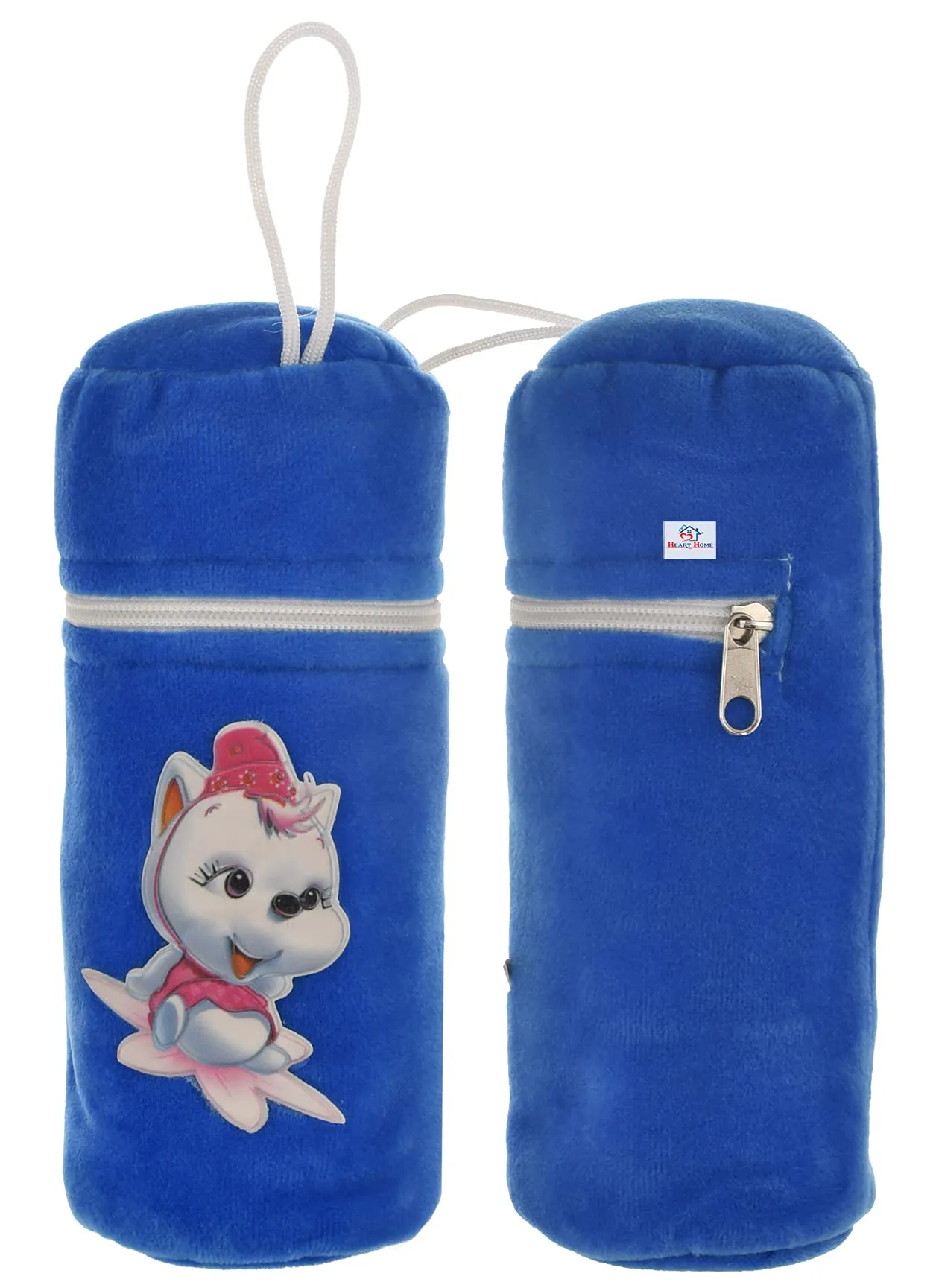 Heart Home Cartoon Printed Soft Velvet Stretchable Baby Feeding Bottle Cover With Easy to Hold Strap, Pack of 2 (Blue)