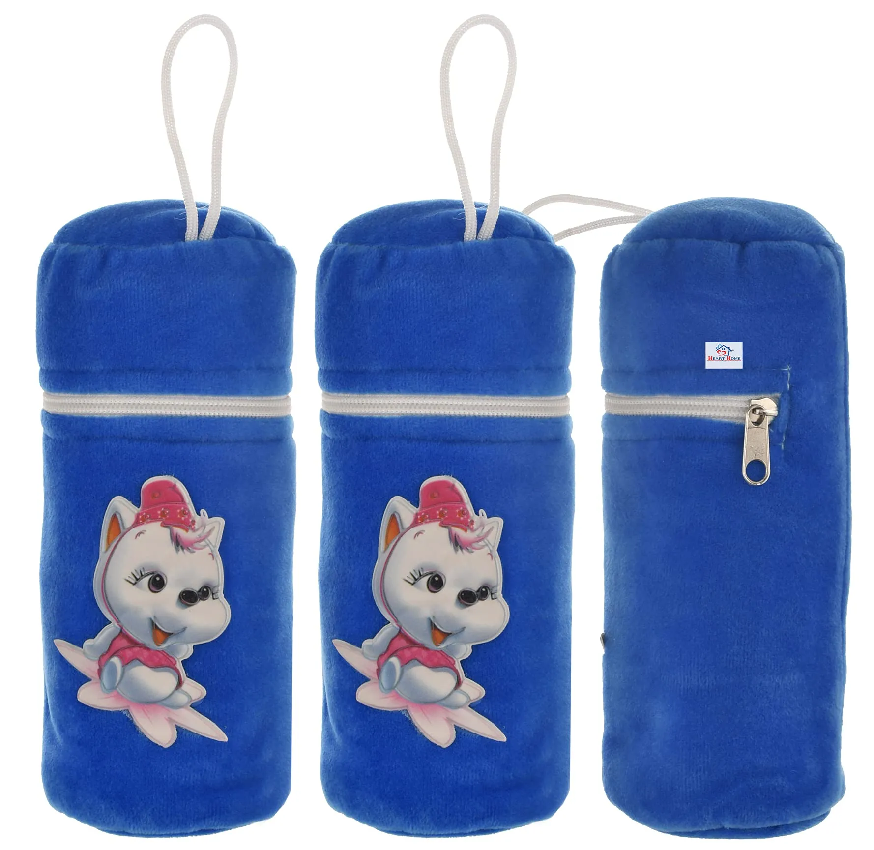 Heart Home Cartoon Printed Soft Velvet Stretchable Baby Feeding Bottle Cover With Easy to Hold Strap, Pack of 3 (Blue)