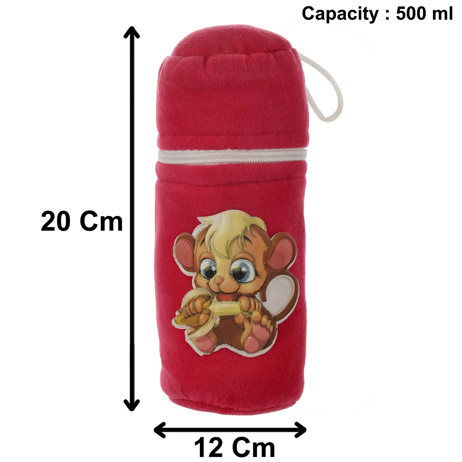 Heart Home Cartoon Printed Soft Velvet Stretchable Baby Feeding Bottle Cover With Easy to Hold Strap (Pink)