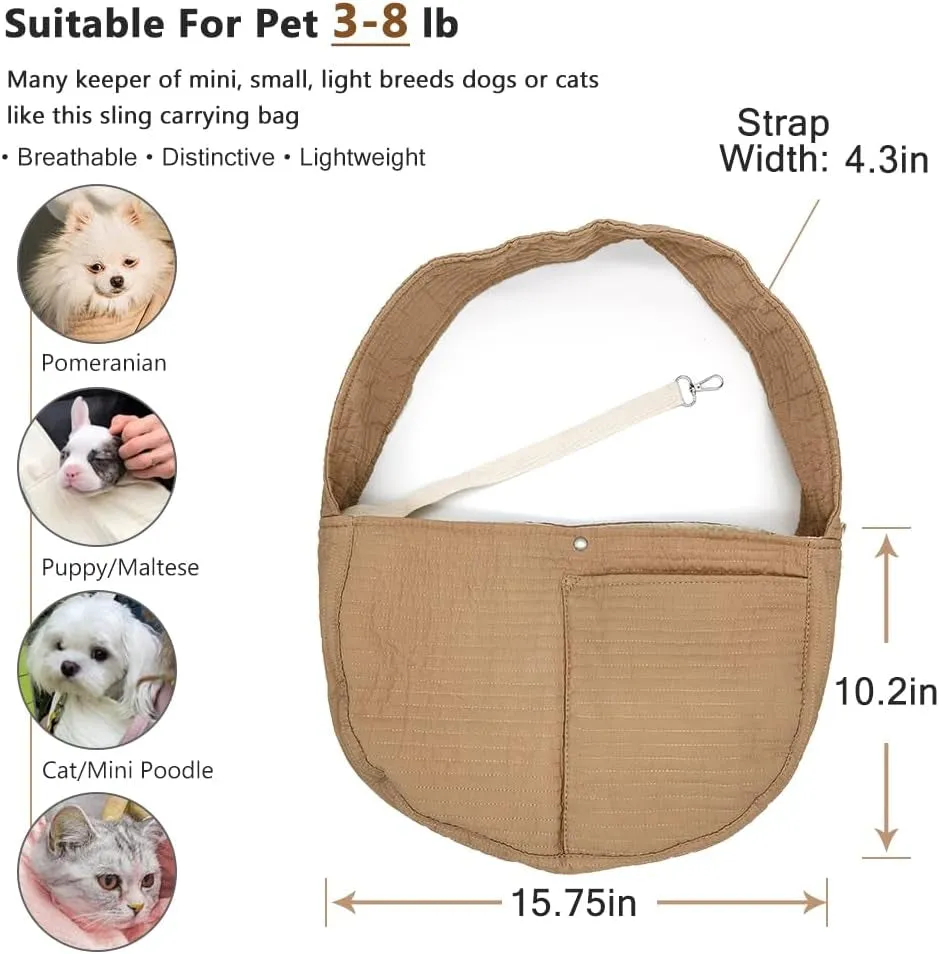 Small Dog Carrier Sling for Small Dogs Puppy Cat - Big Pouch Safety Leash Pet Sling Carrier for Walking Outdoor Travel (Brown Long Strap, Canvas)