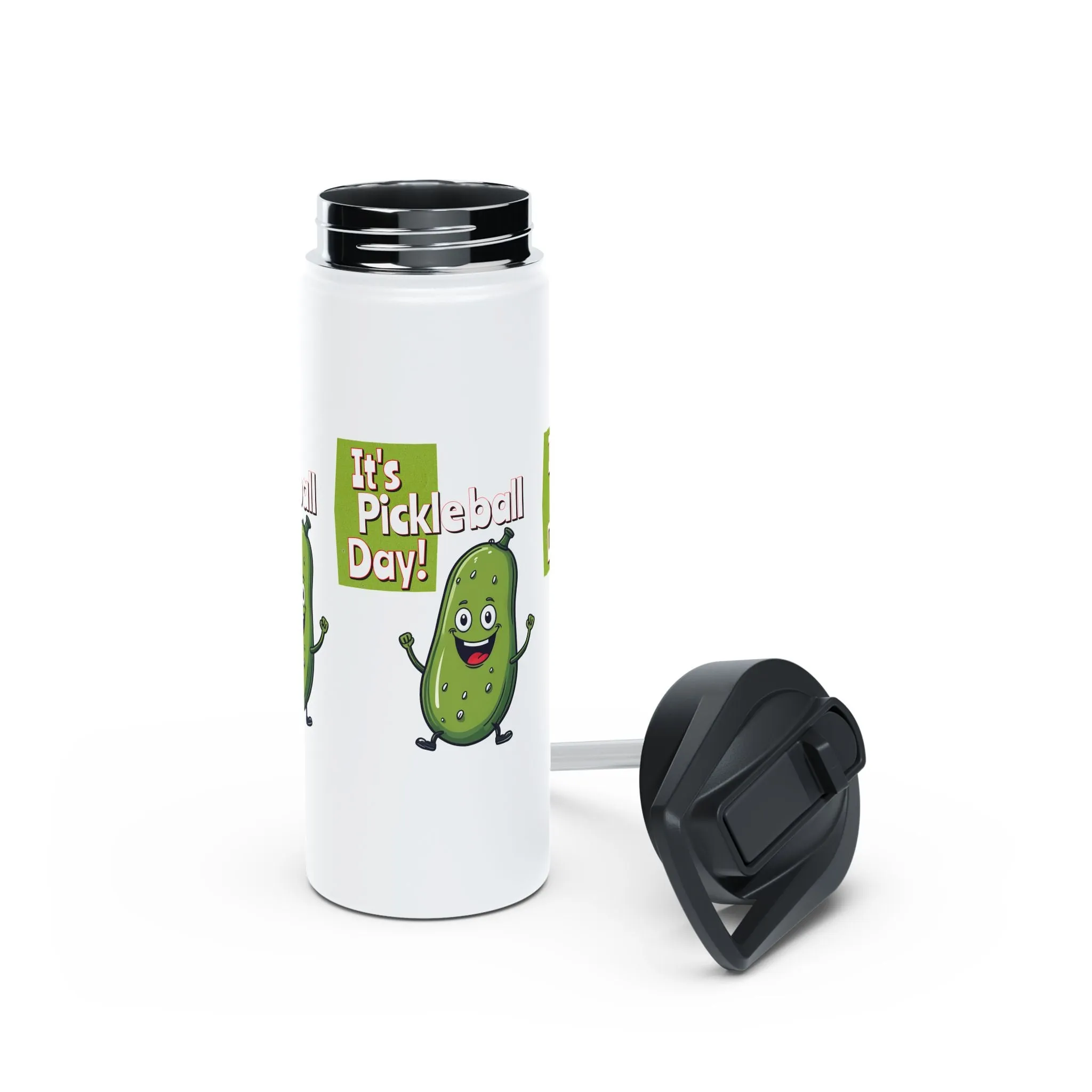 Stainless Steel Water Bottle, standard lid  ‘It’s Pickleball Day’ Happy Pickle Design