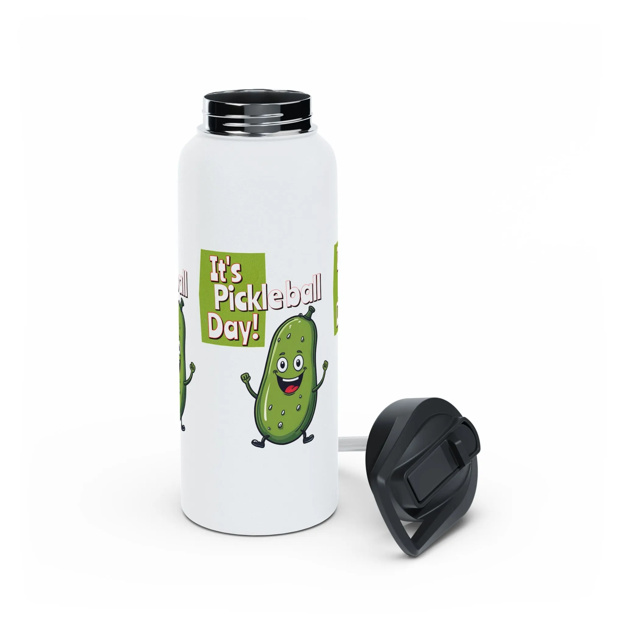 Stainless Steel Water Bottle, standard lid  ‘It’s Pickleball Day’ Happy Pickle Design