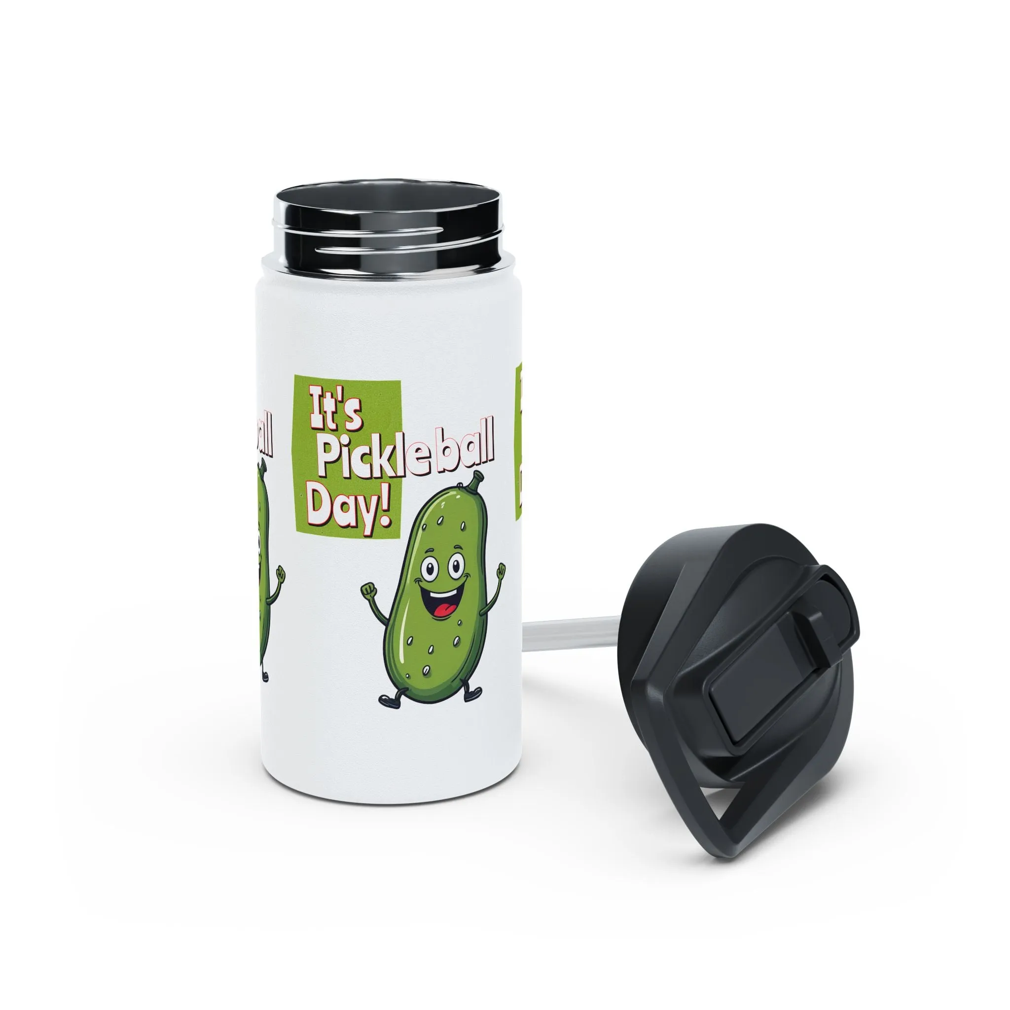 Stainless Steel Water Bottle, standard lid  ‘It’s Pickleball Day’ Happy Pickle Design