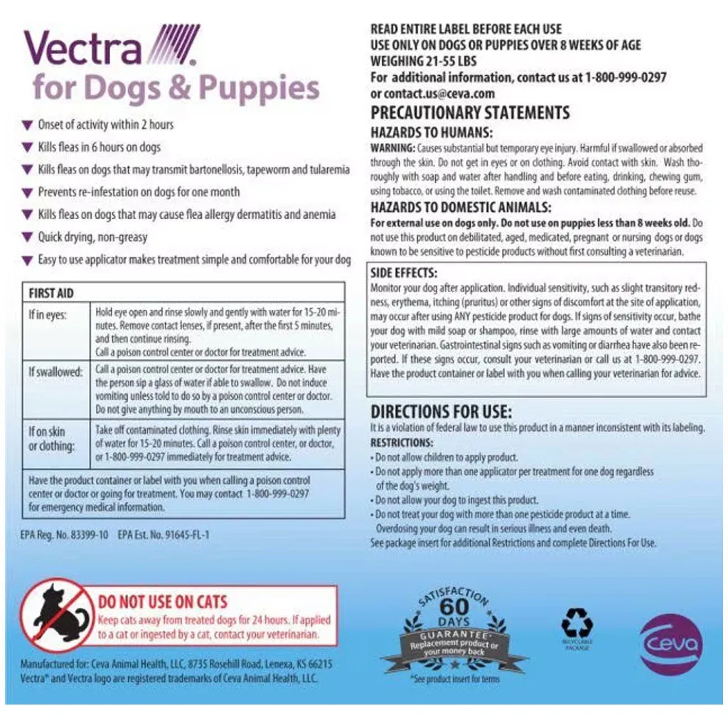 Vectra Flea and Tick Spot Treatment for Medium Dogs & Puppies, 21-55 lbs